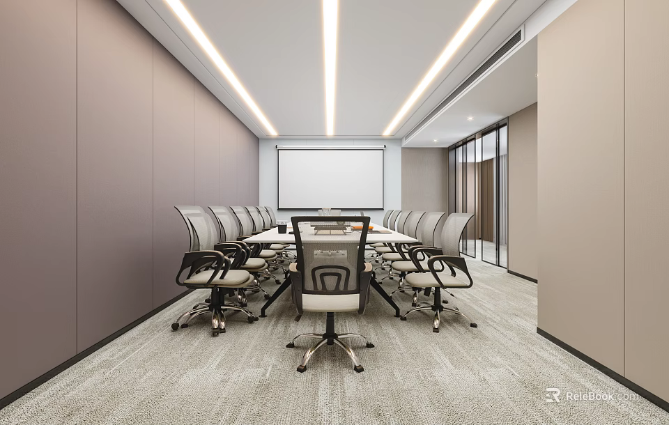 Modern Conference Room Interior Design With Long Table Wheeled Chairs Projection Screen And Ceiling Lights 3d model 
