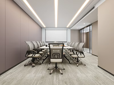 Modern Conference Room Interior Design With Long Table Wheeled Chairs Projection Screen And Ceiling Lights 3d model