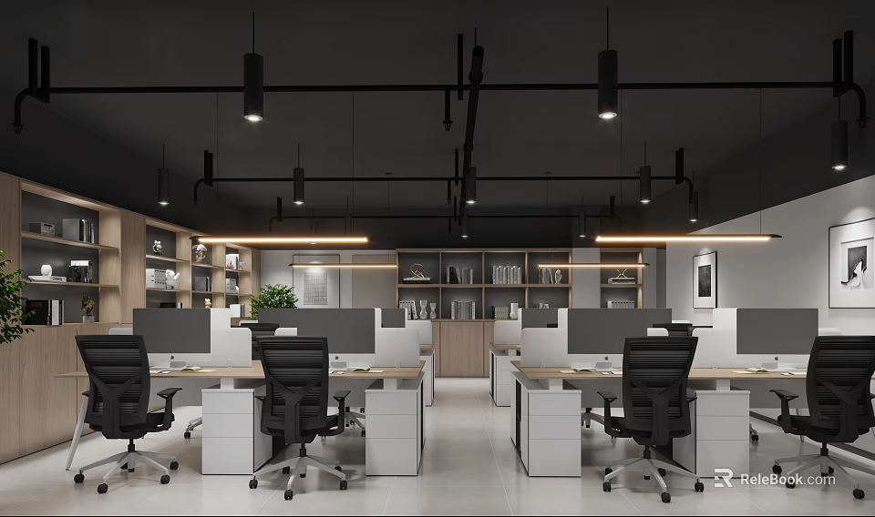 Modern Public Office Space With White Desks Black Office Chairs Dividers And Pendant Lights 3d model 
