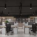 Modern Public Office Space With White Desks Black Office Chairs Dividers And Pendant Lights