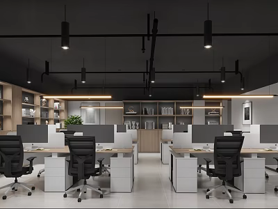Modern Public Office Space With White Desks Black Office Chairs Dividers And Pendant Lights 3d model