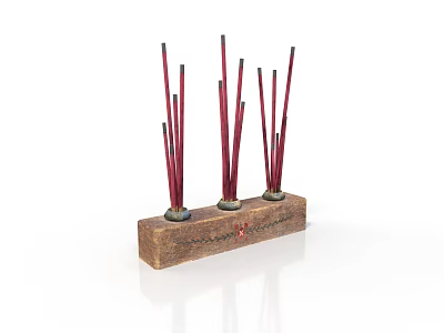 Decorative Wooden Incense Holder With Multiple Red Incense Sticks And Carvings 3d model