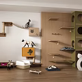 Wooden Cat Climbing Furniture Design With Wall Mounted Platforms Circular Holes And Cozy Cat Bed