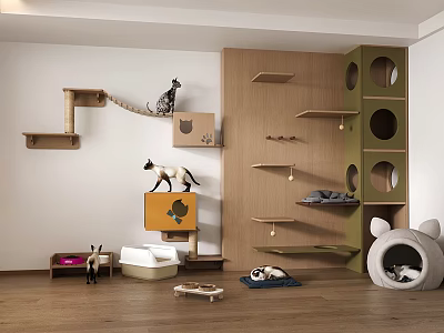 Wooden Cat Climbing Furniture Design With Wall Mounted Platforms Circular Holes And Cozy Cat Bed 3d model