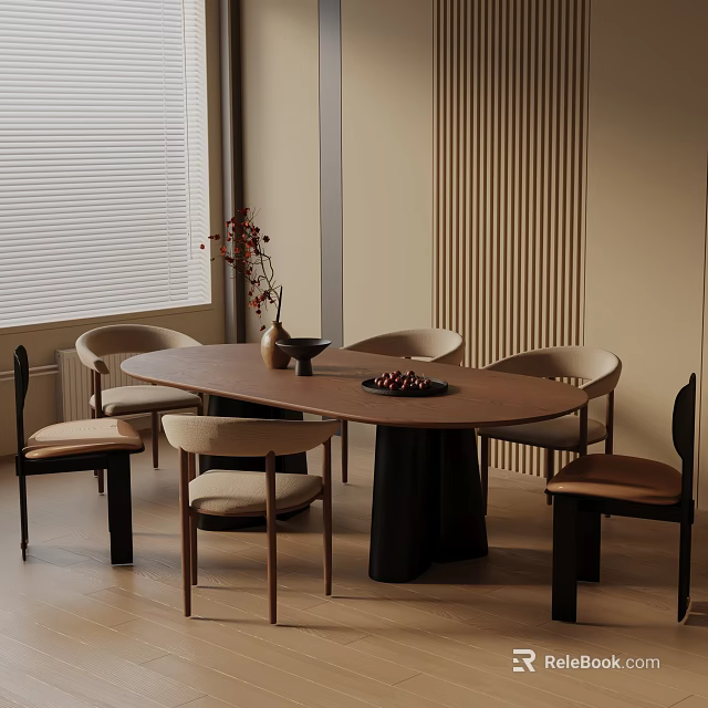 Modern Oval Wooden Dining Table Set with Chairs Vase and Fruit Bowl Against Wooden Accent Wall 3d model 