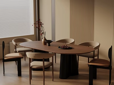 Modern Oval Wooden Dining Table Set with Chairs Vase and Fruit Bowl Against Wooden Accent Wall 3d model