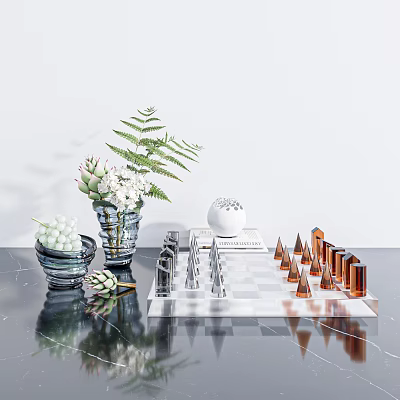 Decorative Ornament Combination With Fern Succulent White Flowers Glass Vase Sphere And Metallic Cone Pieces 3d model
