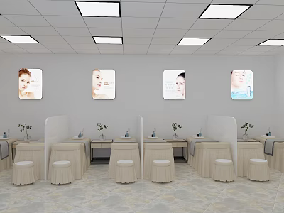 Elegant SPA Treatment Stations With Tables Stools Facial Images And Square Ceiling Lights 3d model