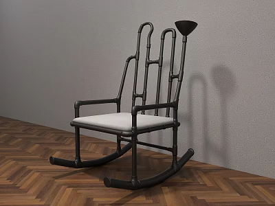 Stylish Black Frame Rocking Chair With White Cushion On Wooden Floor 3d model