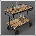 Vintage Two Tier Serving Cart With Wooden Shelves Metal Frame And Glassware