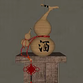 Traditional Decorative Ornament Set With Gourd Small Gourd Red String Jiu Character And Wooden Stand