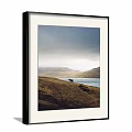 Landscape Painting Of Grassy Hillside With Calm Lake Distant Mountains And Cloudy Sky