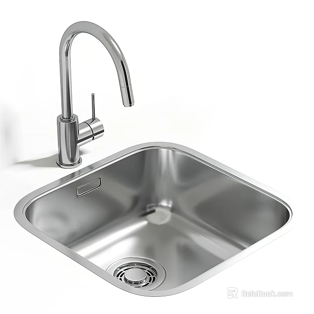 Stainless Steel Kitchen Sink With Modern Faucet And Single Bowl Design 3d model 