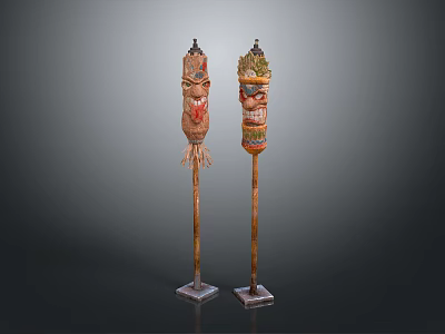 Two Decorative Wooden Totem Poles With Intricate Carvings And Stand Bases 3d model