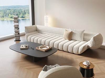 Modern Living Room Beige Sofa And Black Coffee Table Set With Pillows And Natural View 3d model