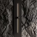 Natural Stone Textured Wall With Wooden Panels And Black Metal Strips