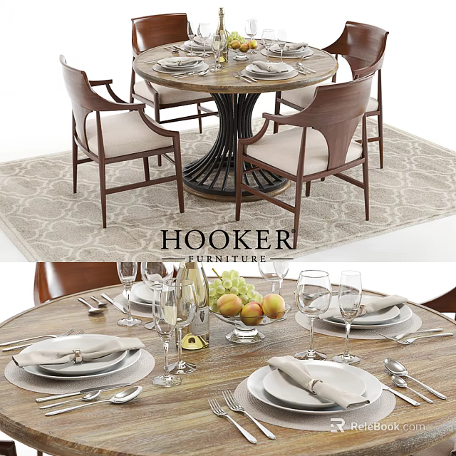Round Dining Table Set with Wooden Chairs Upholstered Seats and Tableware Fruit Decorations 3d model 