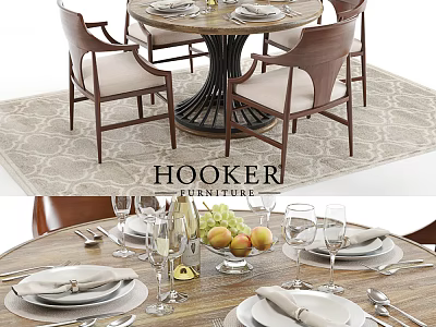 Round Dining Table Set with Wooden Chairs Upholstered Seats and Tableware Fruit Decorations 3d model