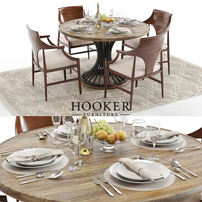 Round Dining Table Set with Wooden Chairs Upholstered Seats and Tableware Fruit Decorations 3d model