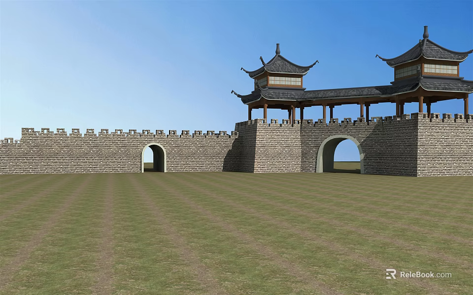 Ancient City Wall With Traditional Gate Tower And Grassland Under Blue Sky 3d model 