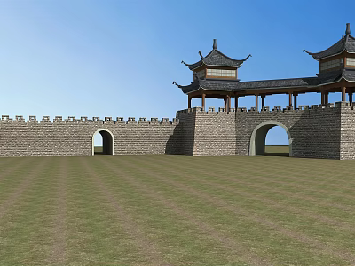 Ancient City Wall With Traditional Gate Tower And Grassland Under Blue Sky 3d model