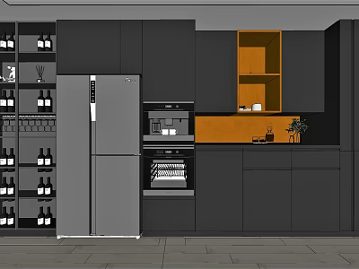 Dark Kitchen Cabinets With Wine Rack Appliances And Orange Accent Design 3d model