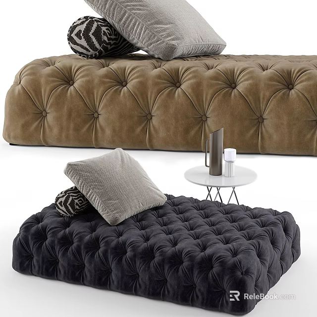 Velvet Tufted Ottomans Brown and Black with Decorative Pillows and Side Table 3d model 