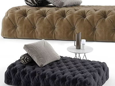 Velvet Tufted Ottomans Brown and Black with Decorative Pillows and Side Table 3d model