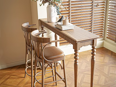 Wooden Bar Counter With Leather Seat Bar Stools And Blinds On Wooden Floor 3d model