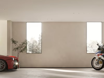 Modern Basement With Cars Motorcycle Large Windows And Green Plant 3d model