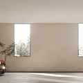 Modern Basement With Cars Motorcycle Large Windows And Green Plant