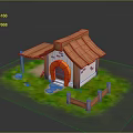 Cartoon Style Small Cottage With Thatched Roof Porch White Walls And Wooden Fence