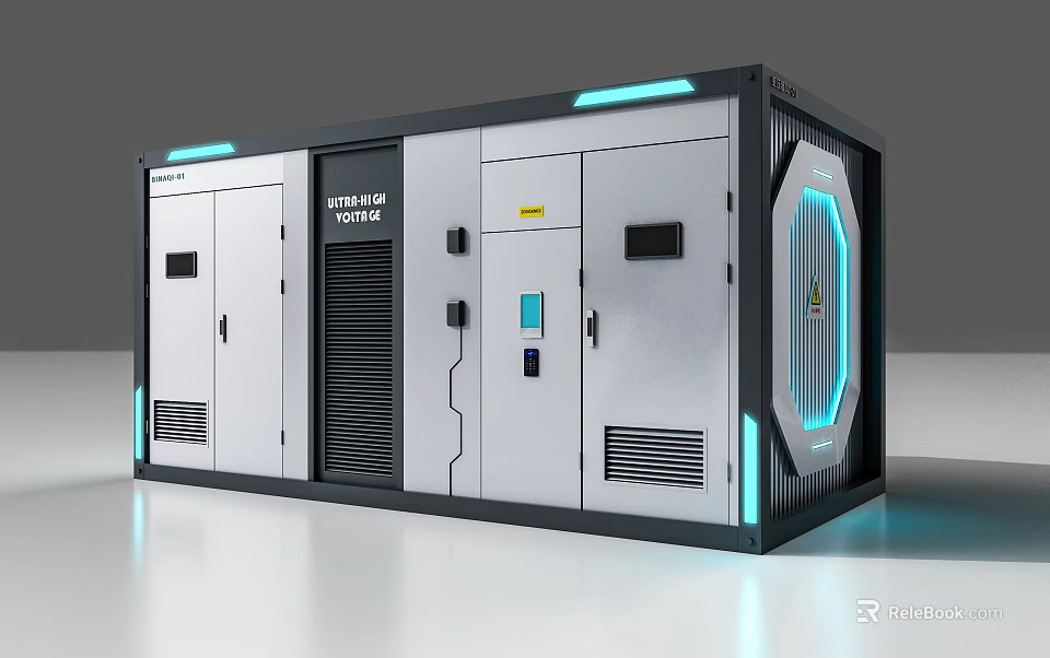 Modern Public Facility Featuring Multiple Doors Display Screen Ventilation Grilles And Blue Lighting 3d model 