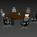 Modern Hexagonal Wooden Top Conference Table with White Office Chairs and Flower Pot Centerpiece