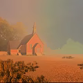 European Church Architecture With Red Exterior Steeple Trees And Pastel Sky