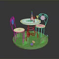 Round White Metal Dining Table With Two Chairs Blue Patterns On Green Grass Pink Flowers