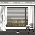 White and Brown Curtains With Blinds For Window In Modern Room With Chair And Rug