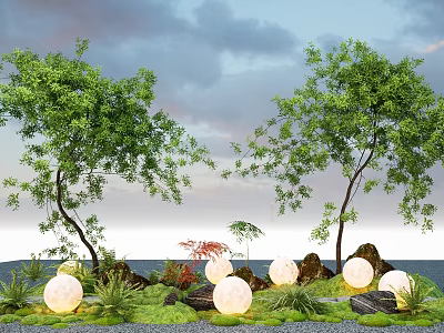 Lush Plant Combination In Outdoor Scene With Green Trees Rocks Glowing Spheres And Grass 3d model