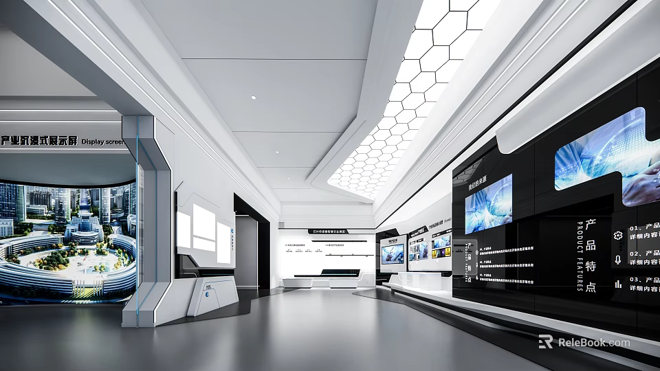Modern Exhibition Hall Interior Design With Hexagonal Ceiling Lighting And Display Screens 3d model