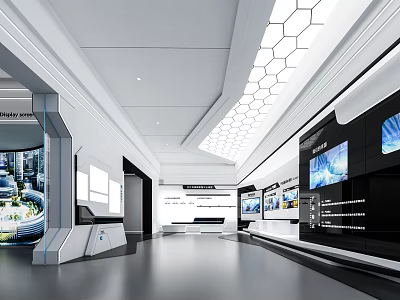 Modern Exhibition Hall Interior Design With Hexagonal Ceiling Lighting And Display Screens 3d model