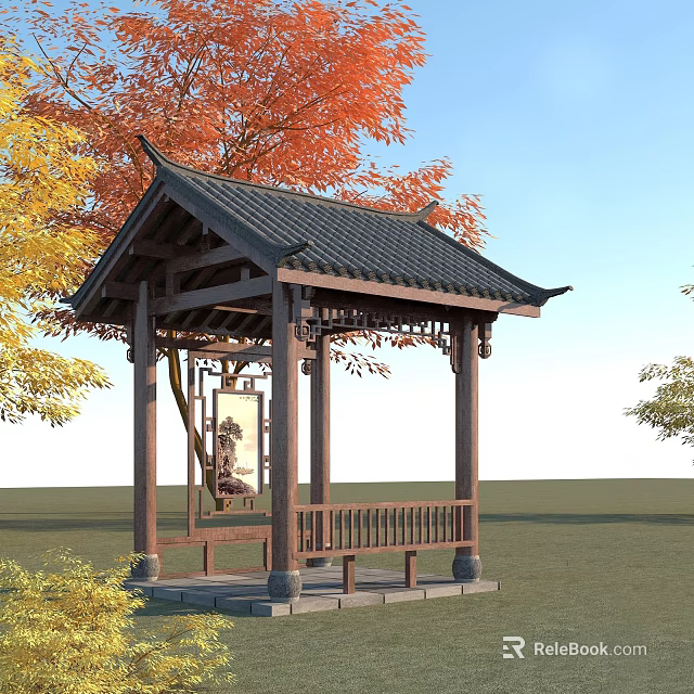 Traditional Chinese Pavilion With Black Tiled Roof And Colorful Trees In Grassland 3d model 