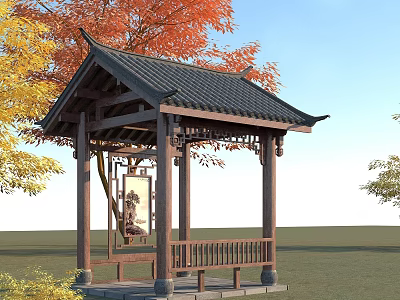 Traditional Chinese Pavilion With Black Tiled Roof And Colorful Trees In Grassland 3d model