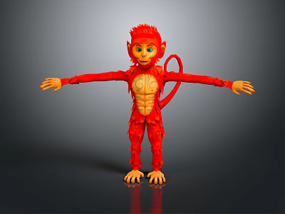 Red Monkey Doll With Yellow Eyes Stretching Arms On Gray Background 3d model
