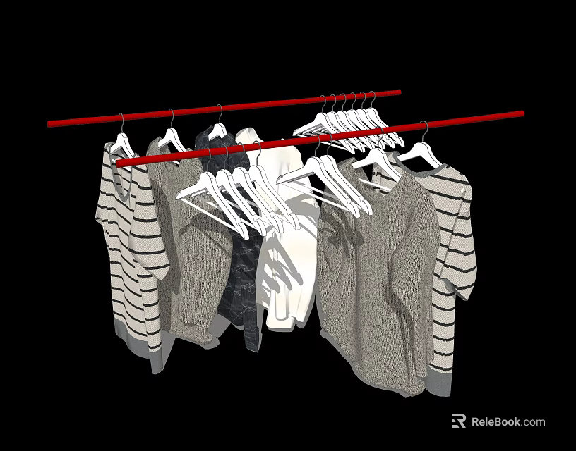 Stylish Striped And Solid Color Sweaters Hanging On Red Hangers For Fashionable Wardrobe 3d model 