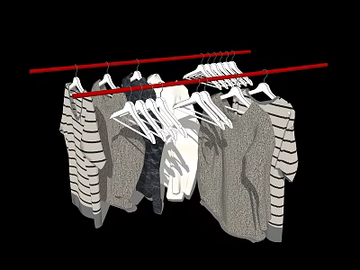 Stylish Striped And Solid Color Sweaters Hanging On Red Hangers For Fashionable Wardrobe 3d model