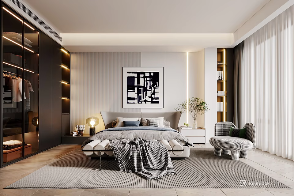 Modern Bedroom Interior with Platform Bed Abstract Art Built in Wardrobe Accent Chair and Area Rug 3d model 