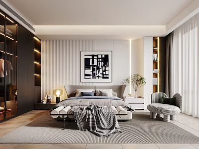 Modern Bedroom Interior with Platform Bed Abstract Art Built in Wardrobe Accent Chair and Area Rug 3d model