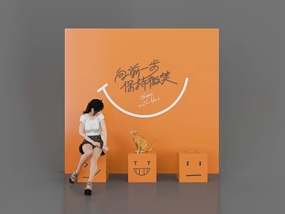 Orange Background Scene Featuring Girl Smiley Boxes Toy Cat And Step Forward Keep Smiling 3d model