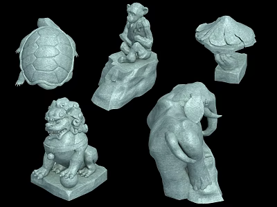 Stone Sculptures Collection Featuring Turtle Monkey Lion Elephant And Umbrella Shaped Designs 3d model