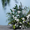 White Green Wedding Flowers Decorating Light Blue Backdrop With White Frame For Elegant Wedding Setup 3d model